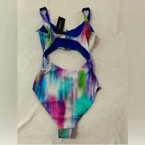 Bebe  One Piece Swim Monokini Bathing Suit Zip Rhinestones Crystals Tie Dye S - Picture 3 of 7